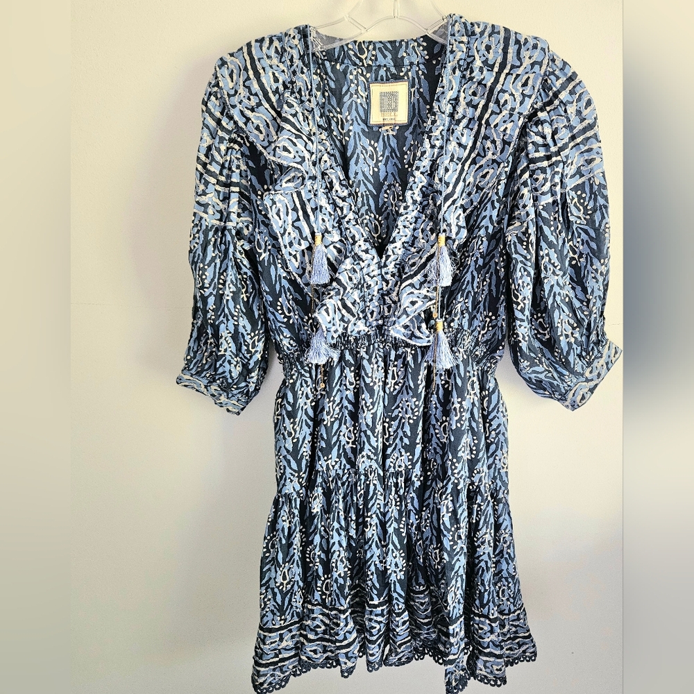 Bell By Alicia Bell Babydoll Blue White Puff Sleeve Dress